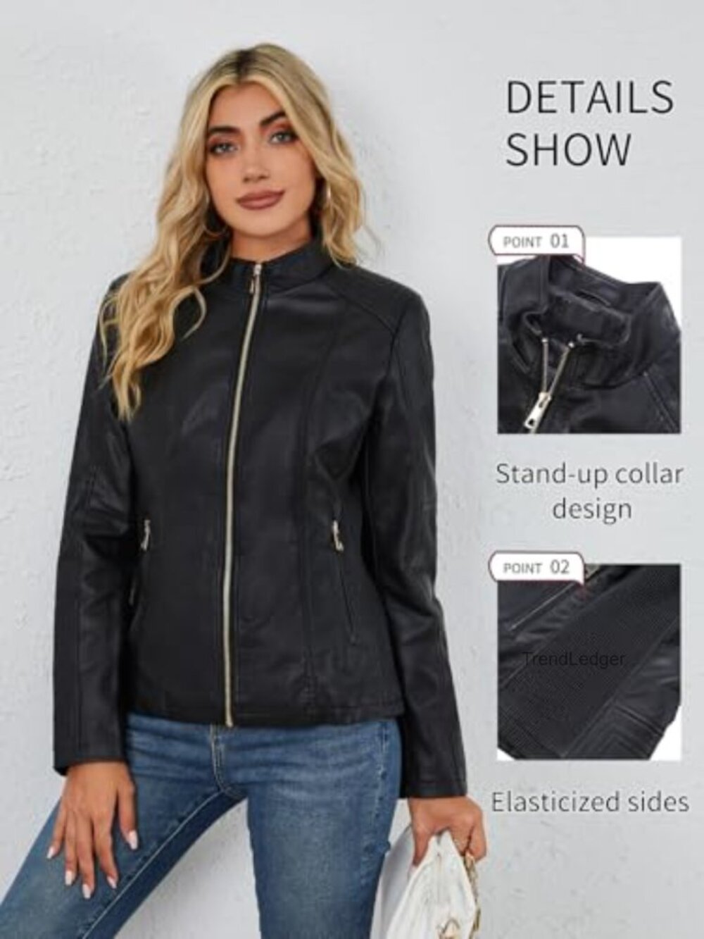 Women's Faux Leather Moto Jacket with Stand Collar & Pockets - Picture 5 of 7